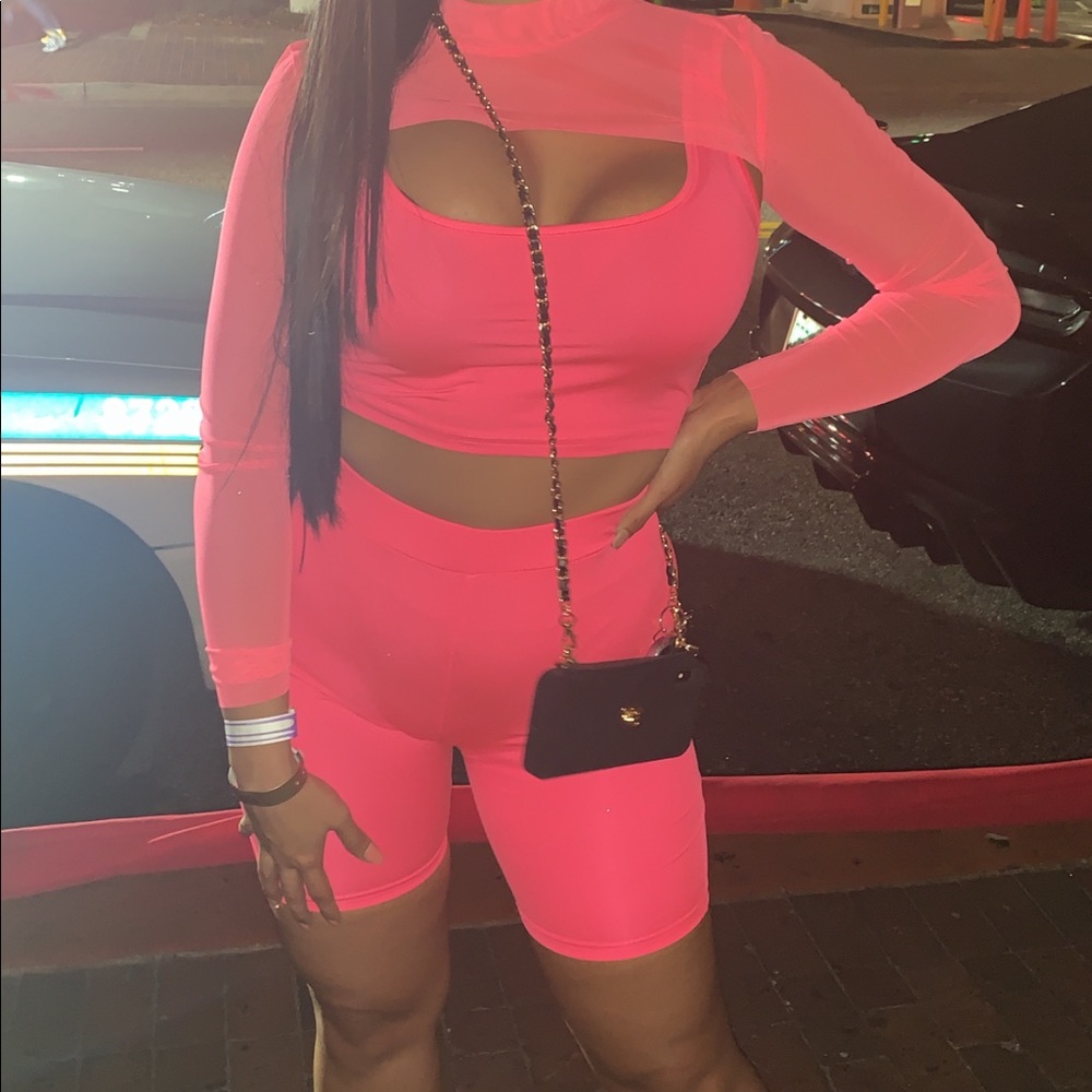 Mesh crop top biker short set